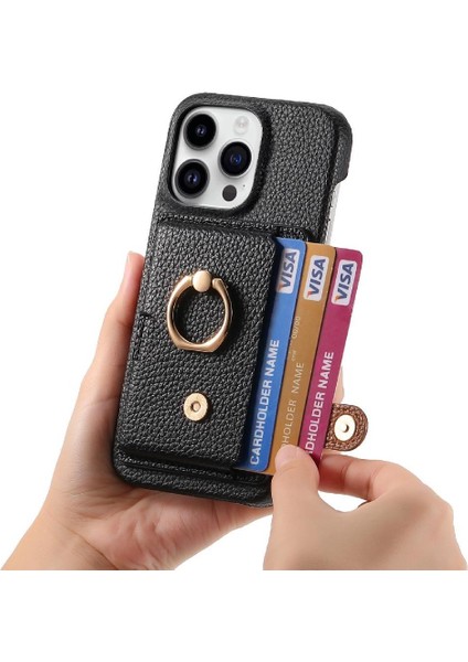 IPhone 16 Için Kılıf Pro Max Premium Dokulu Deri Kart Yuvaları Halka Standı (Yurt Dışından)