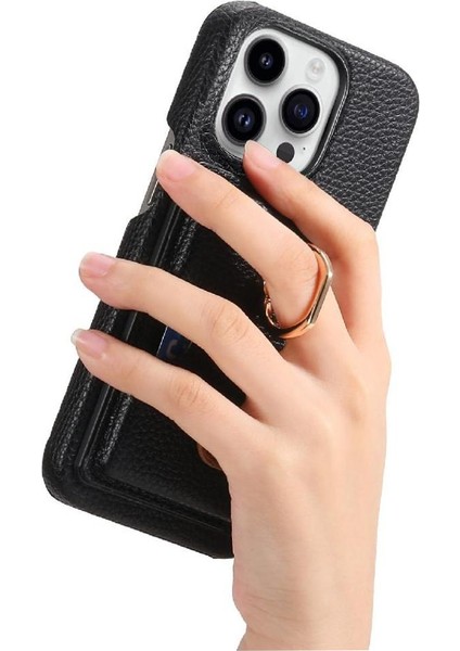 IPhone 16 Için Kılıf Pro Max Premium Dokulu Deri Kart Yuvaları Halka Standı (Yurt Dışından)