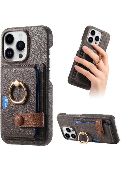 IPhone 16 Için Kılıf Pro Max Premium Dokulu Deri Kart Yuvaları Halka Standı (Yurt Dışından)