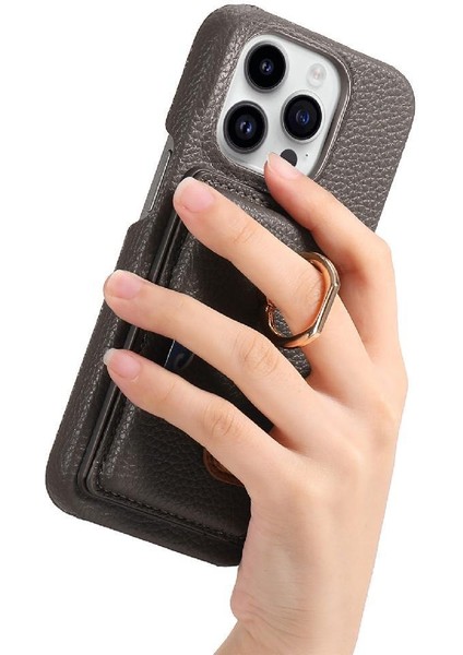 IPhone 16 Için Kılıf Pro Max Premium Dokulu Deri Kart Yuvaları Halka Standı (Yurt Dışından)
