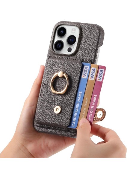 IPhone 16 Için Kılıf Pro Max Premium Dokulu Deri Kart Yuvaları Halka Standı (Yurt Dışından)