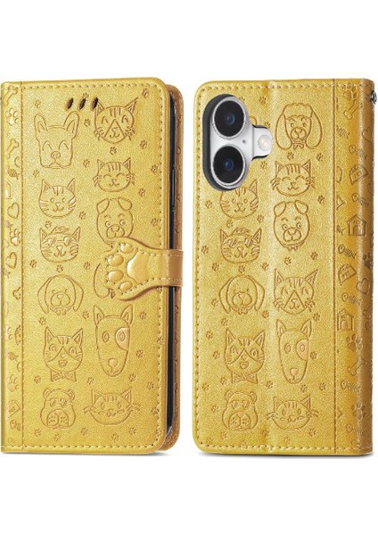 IPhone 16 Için Kılıf Kısa Kayış Deri Kılıf Kapak Kapak Karikatür Hayvanlar (Yurt Dışından)