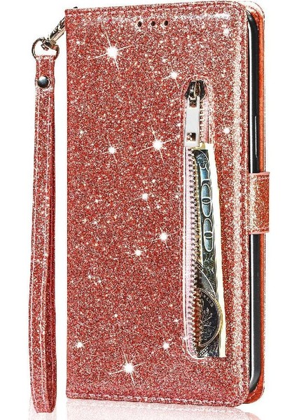 IPhone 13 Pro Için Fermuar Cep Durumda Pu Deri Bilek Kayışı Glitter Cüzdan (Yurt Dışından)