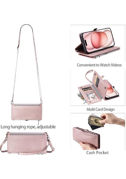 IPhone 14 Için Crossbody Durumda Artı Durumda Cüzdan 9 Kart Yuvaları Fermuar Faturaları (Yurt Dışından)