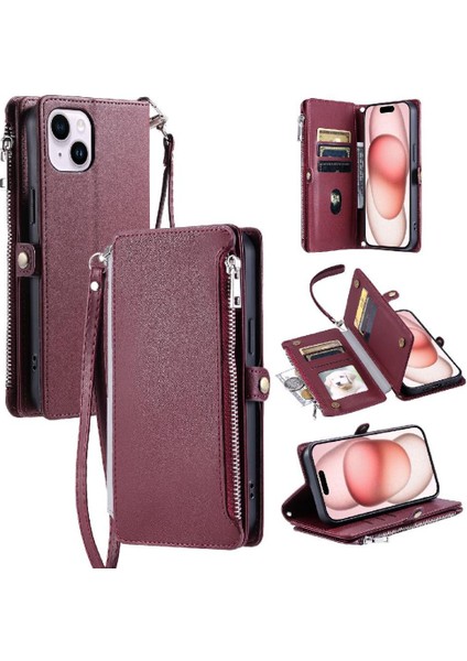 IPhone 14 Için Crossbody Durumda Artı Durumda Cüzdan 9 Kart Yuvaları Fermuar Faturaları (Yurt Dışından)