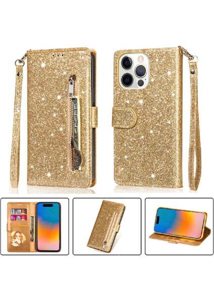 IPhone 15 Pro Pu Deri Manyetik Kapatma Glitter Için Fermuarlı Cebi Durumda (Yurt Dışından)