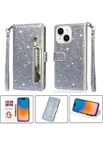 IPhone 15 Için Fermuar Cep Durumda Artı Glitter Cüzdan Kılıf Manyetik Pu (Yurt Dışından)