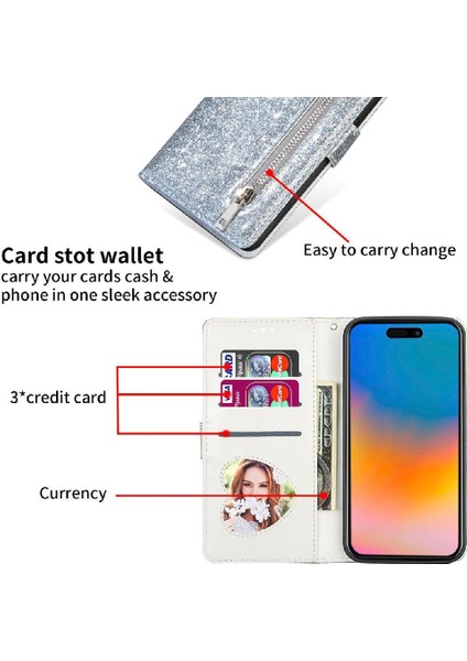IPhone 15 Için Fermuar Cep Durumda Artı Glitter Cüzdan Kılıf Manyetik Pu (Yurt Dışından)