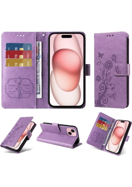 IPhone 15 Flip Deri Kart Yuvaları Çiçek Için Flip Case (Yurt Dışından)