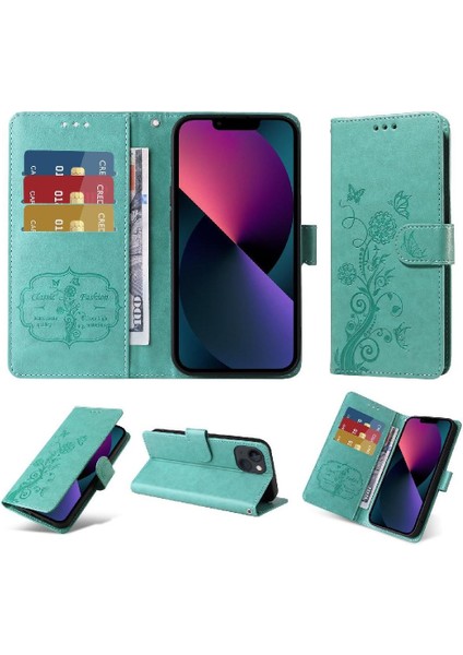IPhone 14 Deri Çiçek Flip Kart Yuvaları Için Flip Case (Yurt Dışından)