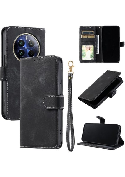 Realme 12 Pro 5g Için Flip Case Manyetik Cüzdan Kart Yuvaları Bilek Kayışı Pu (Yurt Dışından)