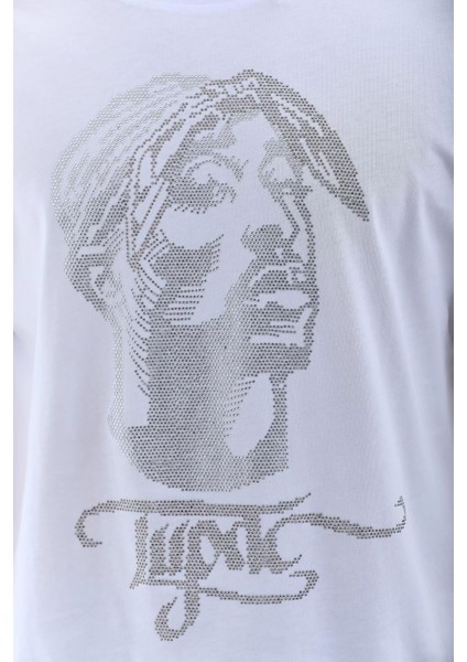 Oversize Taşlı Bisiklet Yaka T-Shirt - Beyaz