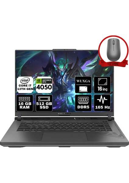 Rog Strix G16 Intel Core I7 13650HX 16GB 512GB SSD RTX4050/6GB 165Hz W11H 16" Wuxga Taşınabilir Bilgisayar G614JU-N3110-A37 & Anzar Mouse