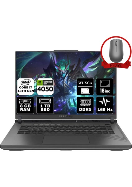 Rog Strix G16 Intel Core I7 13650HX 8gb 1tb SSD RTX4050/6GB 165Hz Fdos 16" Wuxga Taşınabilir Bilgisayar G614JU-N3110-A2 & Anzar Mouse