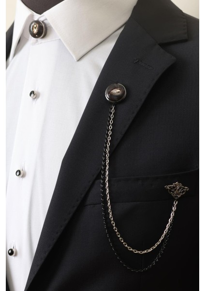 Siyah Yaprak Desenli Zincirli Ceket Yaka & Gömlek Düğme Broşu