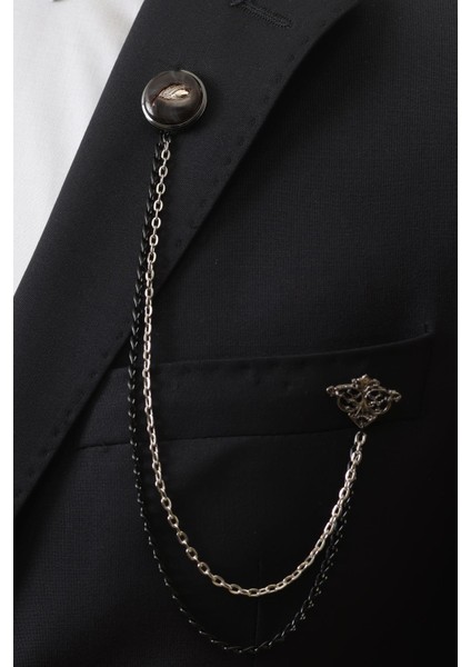 Siyah Yaprak Desenli Zincirli Ceket Yaka & Gömlek Düğme Broşu modelleri