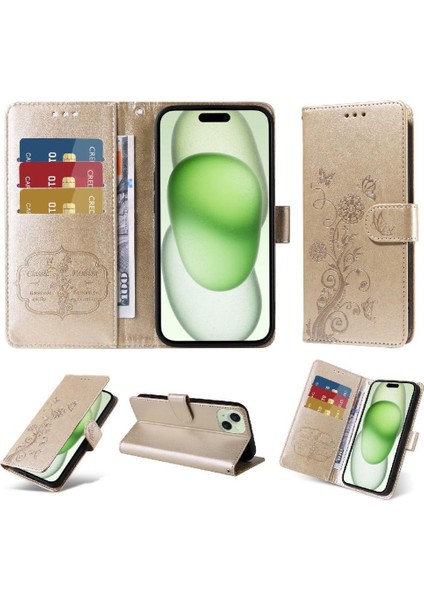 IPhone 15 Için Flip Case Artı Kart Yuvaları Çiçek Deri Flip (Yurt Dışından)