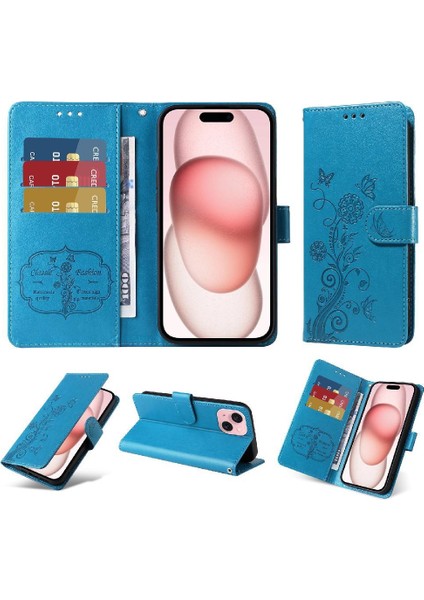 IPhone 15 Flip Deri Kart Yuvaları Çiçek Için Flip Case (Yurt Dışından)