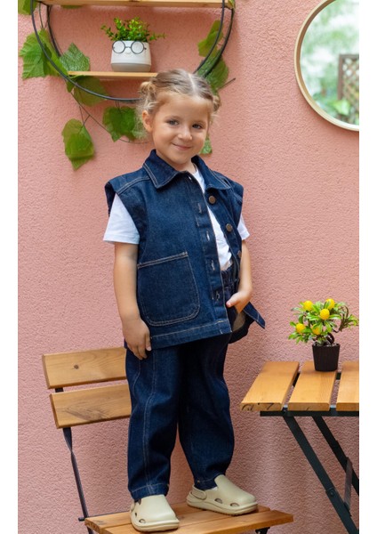 Unisex Mavi Denim Cepli Yelek Orta Kalınlıkta Günlük Kullanım İçin