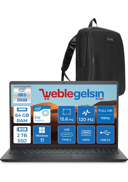 Inspiron 3530 Intel Core I5-1334U 64GB 2tb SSD 15.6" 120Hz Fhd Windows 11 Home I35303407WH09 + Zetta Çanta