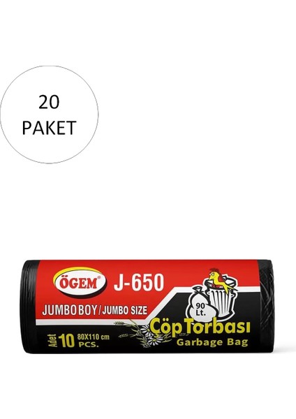 J-500 Jumbo Boy Çöp Torbası 80 x 110 cm 10 Lu Rulo x 20 Paket = 200 Adet (Siyah)