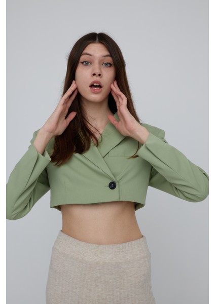 Mint Pens Detaylı Mini Crop Dokuma Ceket indirimleri