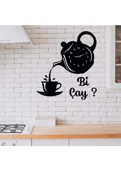 Dekoratif Ahşap Mutfak ve Cafe Duvar Saati - Bi Çay Yazılı