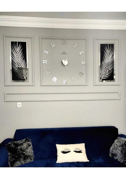 3 Parçalı Gümüş Duvar Saati Seti, Modern Tasarım, Akrilik ve Pleksi Detaylar
