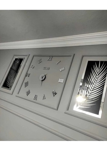 3 Parçalı Gümüş Duvar Saati Seti, Modern Tasarım, Akrilik ve Pleksi Detaylar