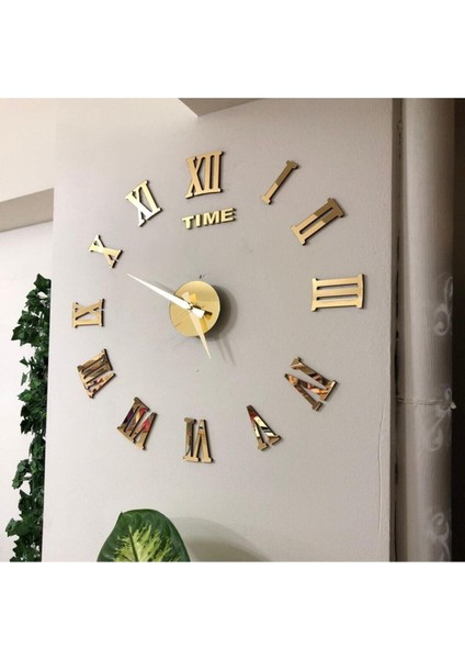 Pleksi Göbek Duvar Saati Büyük 3D Romen Rakamlı Duvar Saati Gold