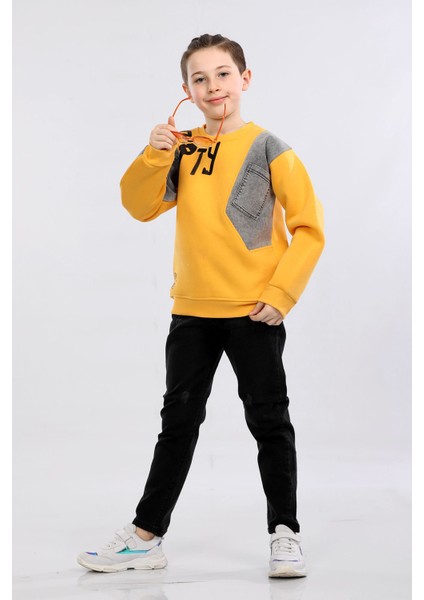 Erkek Çocuk Üç Ip Kot Detaylı Sweatshirt Hardal MRN7001