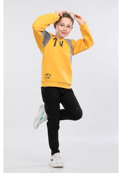 Erkek Çocuk Üç Ip Kot Detaylı Sweatshirt Hardal MRN7001 fiyatları