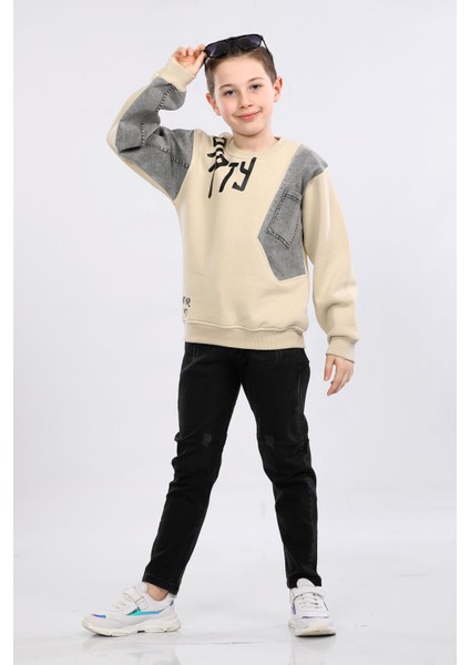Erkek Çocuk Üç Ip Kot Detaylı Sweatshirt Bej MRN7001