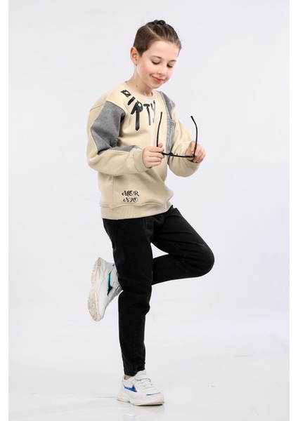 Erkek Çocuk Üç Ip Kot Detaylı Sweatshirt Bej MRN7001 fiyatları
