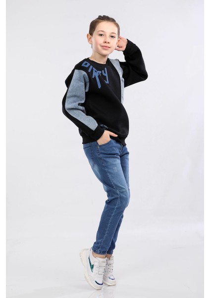 Erkek Çocuk Üç Ip Kot Detaylı Sweatshirt Siyah MRN7001