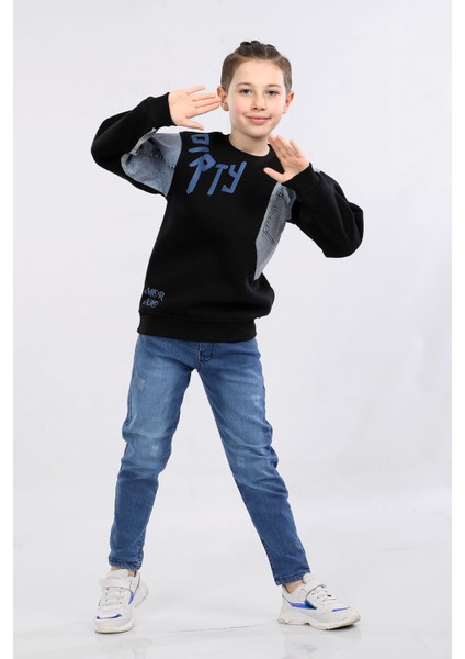Erkek Çocuk Üç Ip Kot Detaylı Sweatshirt Siyah MRN7001 fiyatları