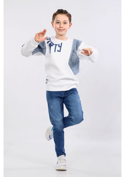 Erkek Çocuk Üç Ip Kot Detaylı Sweatshirt Beyaz MRN7002
