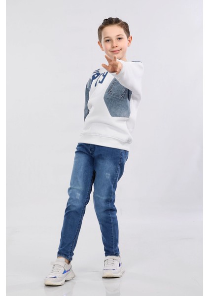 Erkek Çocuk Üç Ip Kot Detaylı Sweatshirt Beyaz MRN7002 fiyatları