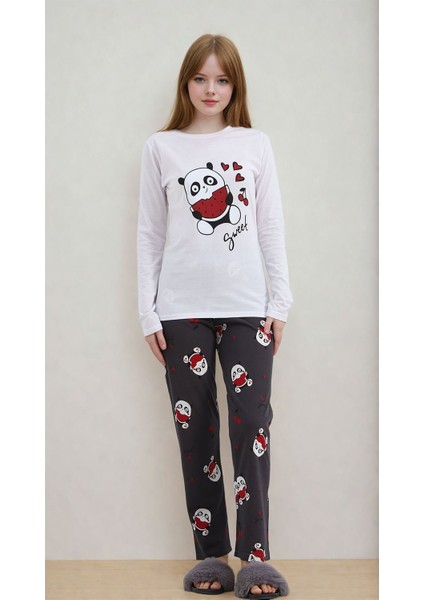 Kadın Panda Desenli Kalpli Uzun Kollu Pijama Takımı