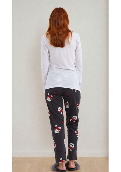 Kadın Panda Desenli Kalpli Uzun Kollu Pijama Takımı