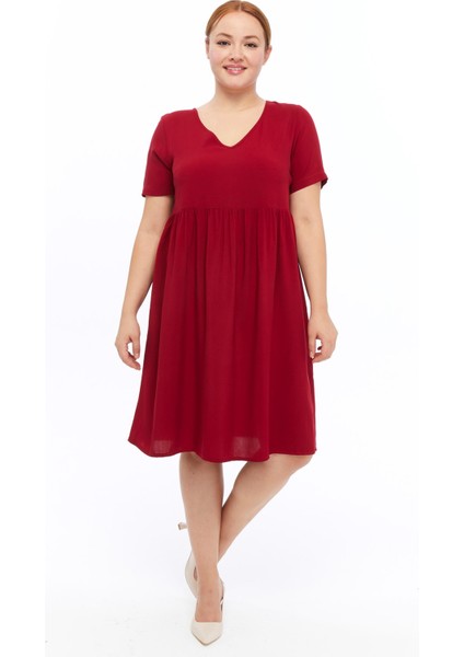 Kadın Bordo Büzgü Detaylı midi Yazlık büyük Beden Elbise 4424-105