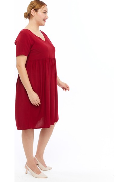 Kadın Bordo Büzgü Detaylı midi Yazlık büyük Beden Elbise 4424-105 fiyatları