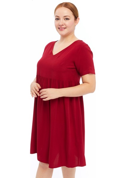 Kadın Bordo Büzgü Detaylı midi Yazlık büyük Beden Elbise 4424-105 modelleri