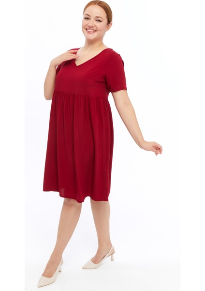 Kadın Bordo Büzgü Detaylı midi Yazlık büyük Beden Elbise 4424-105 fırsatları