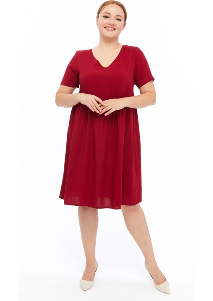Kadın Bordo Büzgü Detaylı midi Yazlık büyük Beden Elbise 4424-105 indirimleri