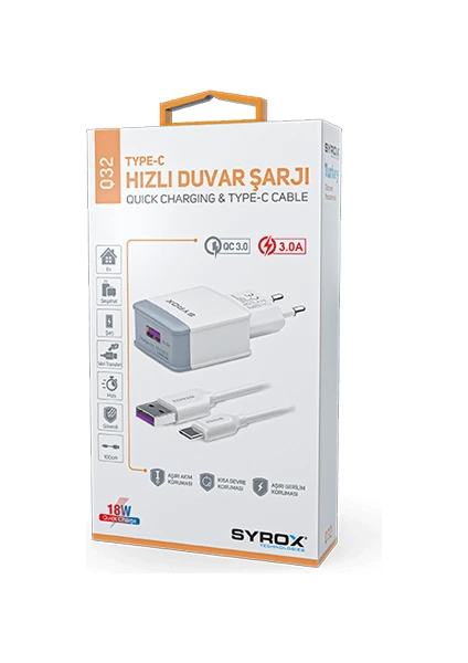 Syrox Q32 Hızlı Şarj Aleti Type-C Girişli 3.0A Beyaz