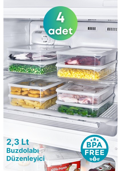 4 Adet Derin Dondurucu Saklama Kabı Seti 2,3 Lt Şeffaf- Buzdolabı Düzenleyici -Dipfriz