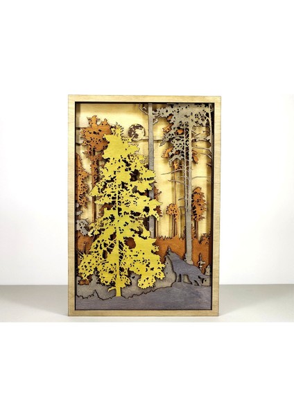 Orman ve Kurt Temalı Ahşap Mdf Çok Katmanlı Dekoratif Tablo