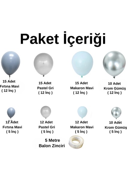 Balon Seti Fırtına Mavi-Pastel Gri-Makaron Mavi-Krom Gümüş 100 Lü Balon Zinciri Seti