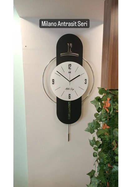 Antrasit-Gümüş Milano Time Modern Dekoratif Metal Camlı Duvar Saati